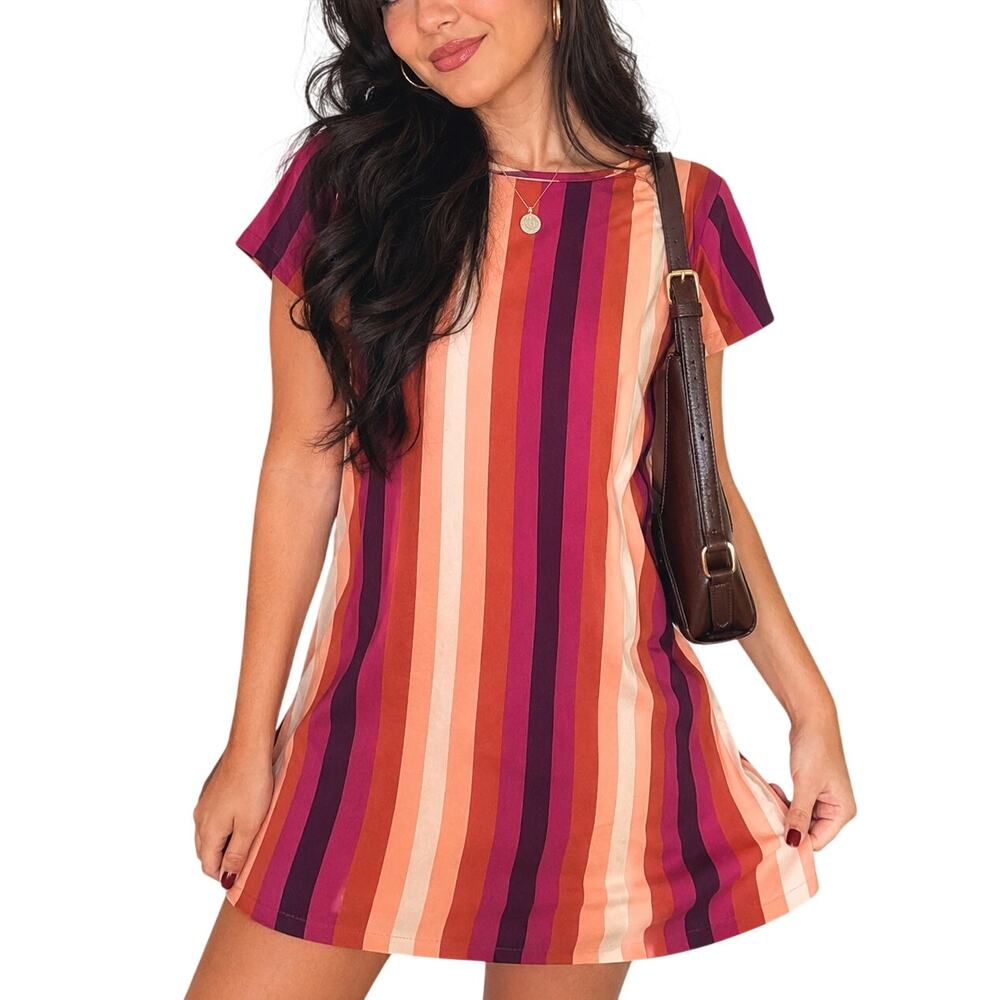 Forever 21 Large Multicolor Striped Shift Dress Rust Coral Burgundy Pink